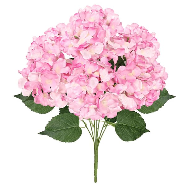 LIVING LUXURY 20 in. Deluxe Pink Artificial Hydrangea Flower Stem Bush Bouquet (Set of 2)