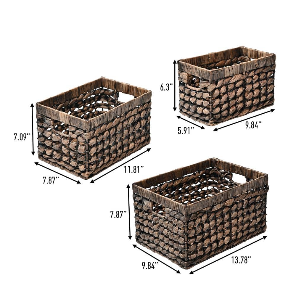 Handwoven Brown Water Hyacinth Rectangular Storage Baskets with Cut-Out Handles