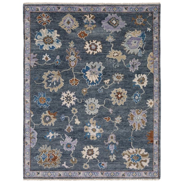 Majestic Blue/Multi 9 ft. x 12 ft. Floral Distressed Hand-Knotted Wool Fringed-Edge Indoor Area Rug