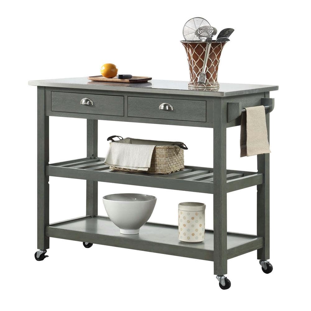 Wirebrush Dark Gray Stainless Steel Kitchen Cart with Wine Rack