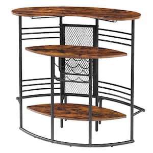 Home Bar Unit, Oval Bar Table with Wood Counter Top and Wine Rack Storage, Wine Bakers Rack for Dining Room, Brown
