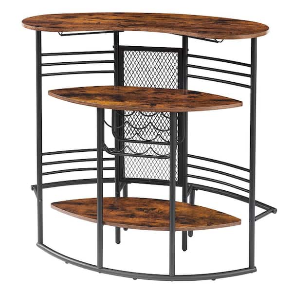 VECELO Home Bar Unit, Oval Bar Table with Wood Counter Top and Wine Rack Storage, Wine Bakers Rack for Dining Room, Brown