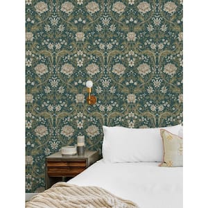 Teal and Moss Green Honeysuckle Floral Pre-Pasted Paper Wallpaper Roll (57.5 sq. ft.)
