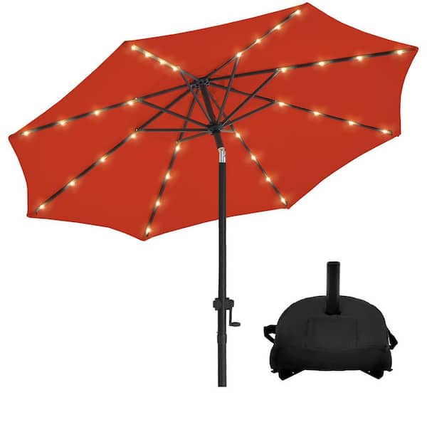 9 ft. Solar LED Lighted Market Patio Umbrella with Base and Push Button Tilt in Red