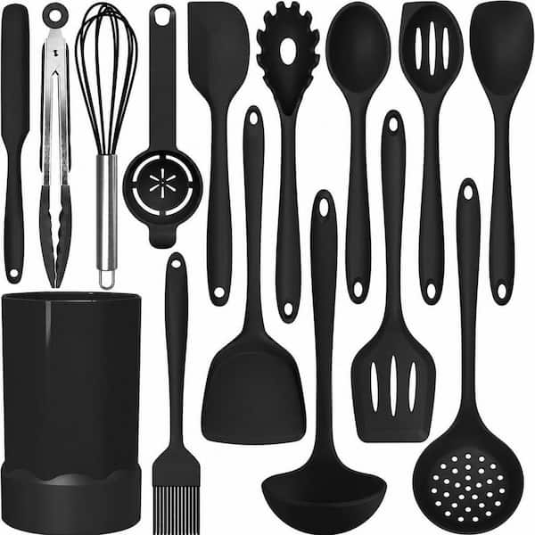 15-Pieces Black Food Grade Silicone Cooking Utensils Set, 446°F Heat Resistant Kitchen Utensils,Dishwasher Safe,BPA Free