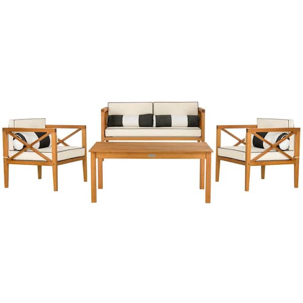 SAFAVIEH Nunzio Natural 4-Piece Wood Patio Conversation Set with White/Black Cushions