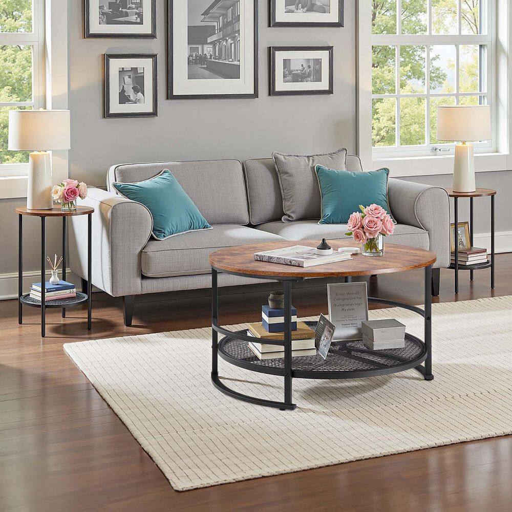 A living room scene featuring the round coffee table and two end tables.