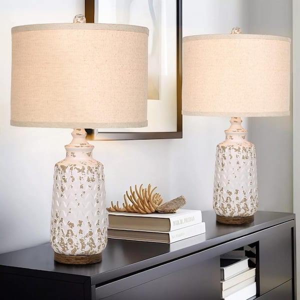 22.4 in. Beige Vintage Farmhouse Table Lamp Set with USB Port( Set of 2)