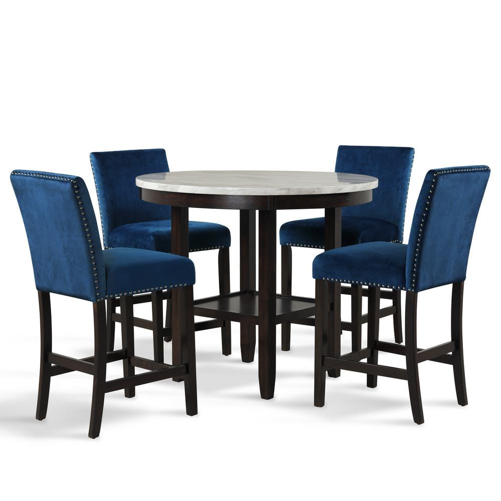 Celeste 5-Piece Blue Velvet and Faux Marble Counter Set