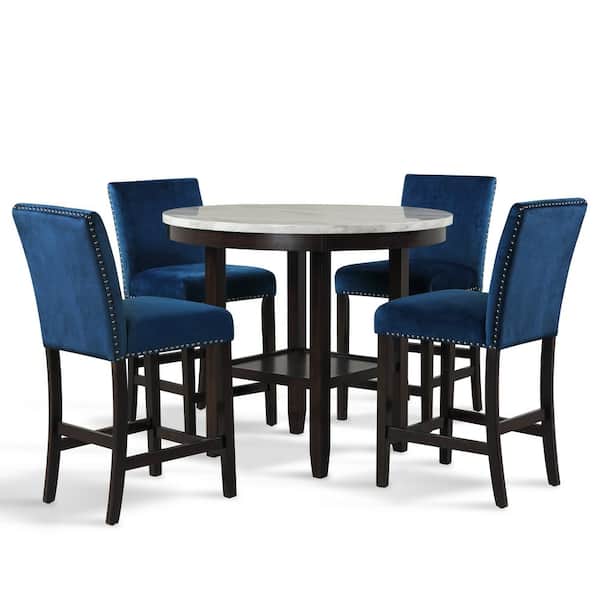 New Classic Furniture Celeste 5-Piece Wood Top Round Counter Set, Blue & Espresso