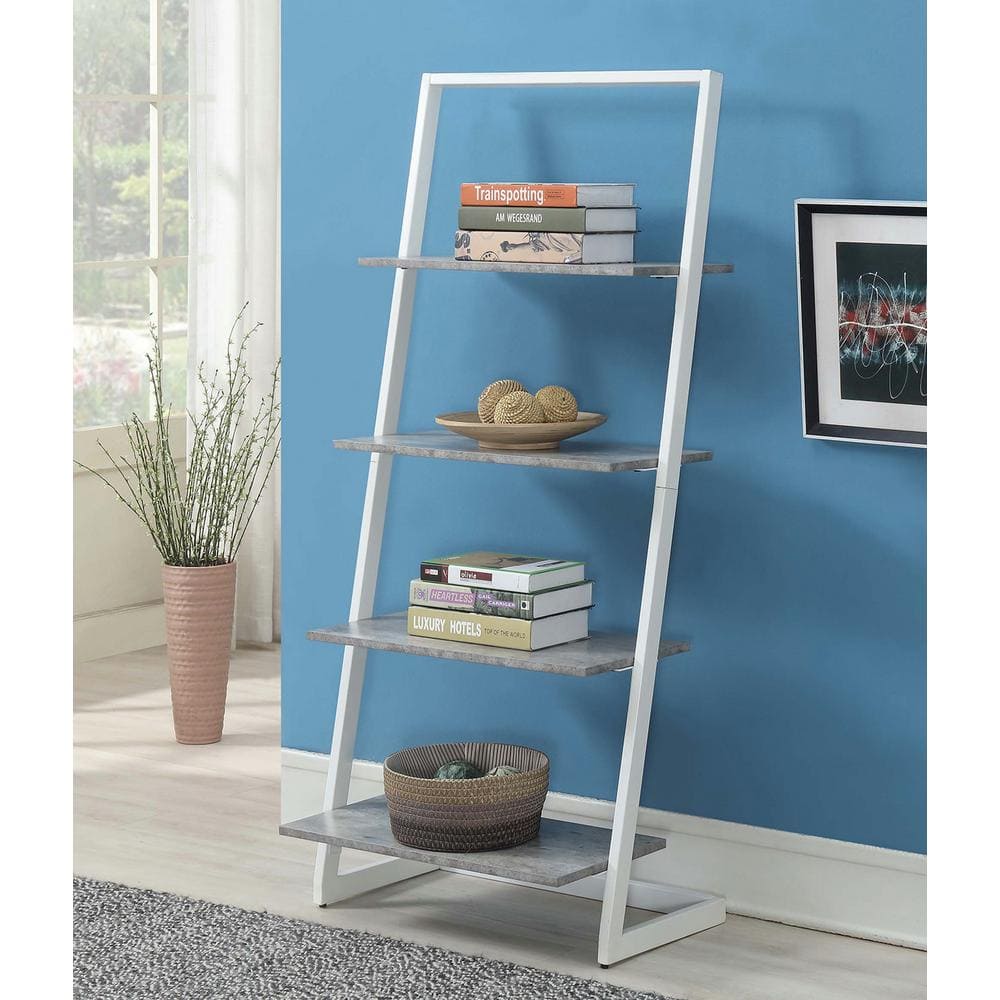 Beige 57" Industrial Ladder Bookcase with Metal Frame