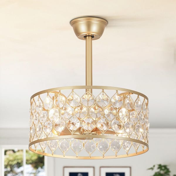 Zorv 11.7 in. 4-Light Gold Flush Mount Classic Ceiling Fan with Crystal Accent Shade and Included Remote Control