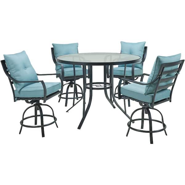 Hanover Lavallette 5 Piece Steel Round, Round Glass Dining Table With Blue Chairs