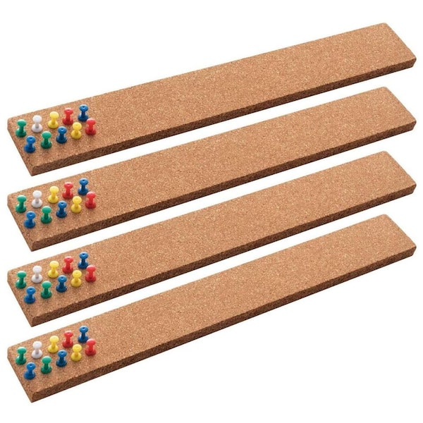 Afoxsos Cork Board Bulletin Bar Strip 15 x 2 in. Frameless Self Adhesive with Multi-Color Push Pins Home Office Decor 4-Pack
