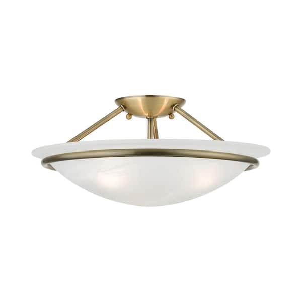 Walcott 16 in. 3-Light Antique Brass Semi-Flush Mount with White Alabaster Glass