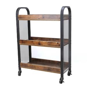 3-Tier Brown Wood Kitchen Cart with Mesh Side Panel and Wheels