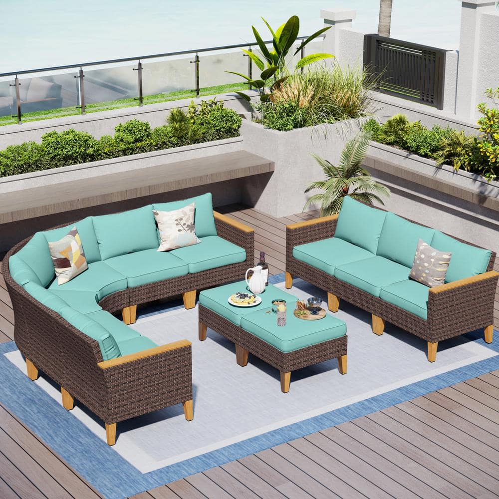 Brown Rattan Wicker 11 Seat 11-Piece Steel Outdoor Patio Conversation Set with Blue Cushions price history on PriceWatchPro