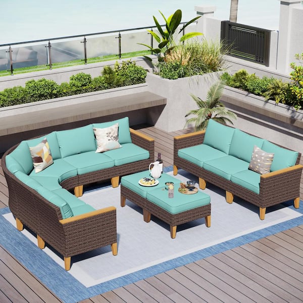 PHI VILLA Brown Rattan Wicker 11 Seat 11-Piece Steel Outdoor Patio Conversation Set with Blue Cushions