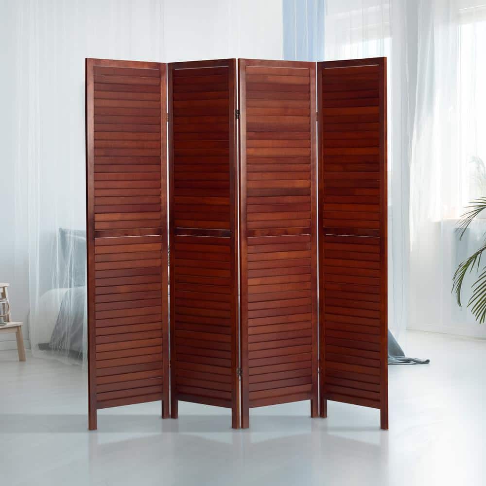 Walnut 6 ft. Tall Wooden Louvered 4-Panel Room Divider