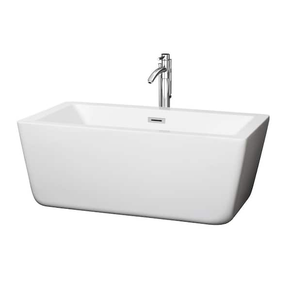 Wyndham Collection Laura 58.75 in. Acrylic Flatbottom Center Drain Soaking Tub in White with Floor Mounted Faucet in Chrome