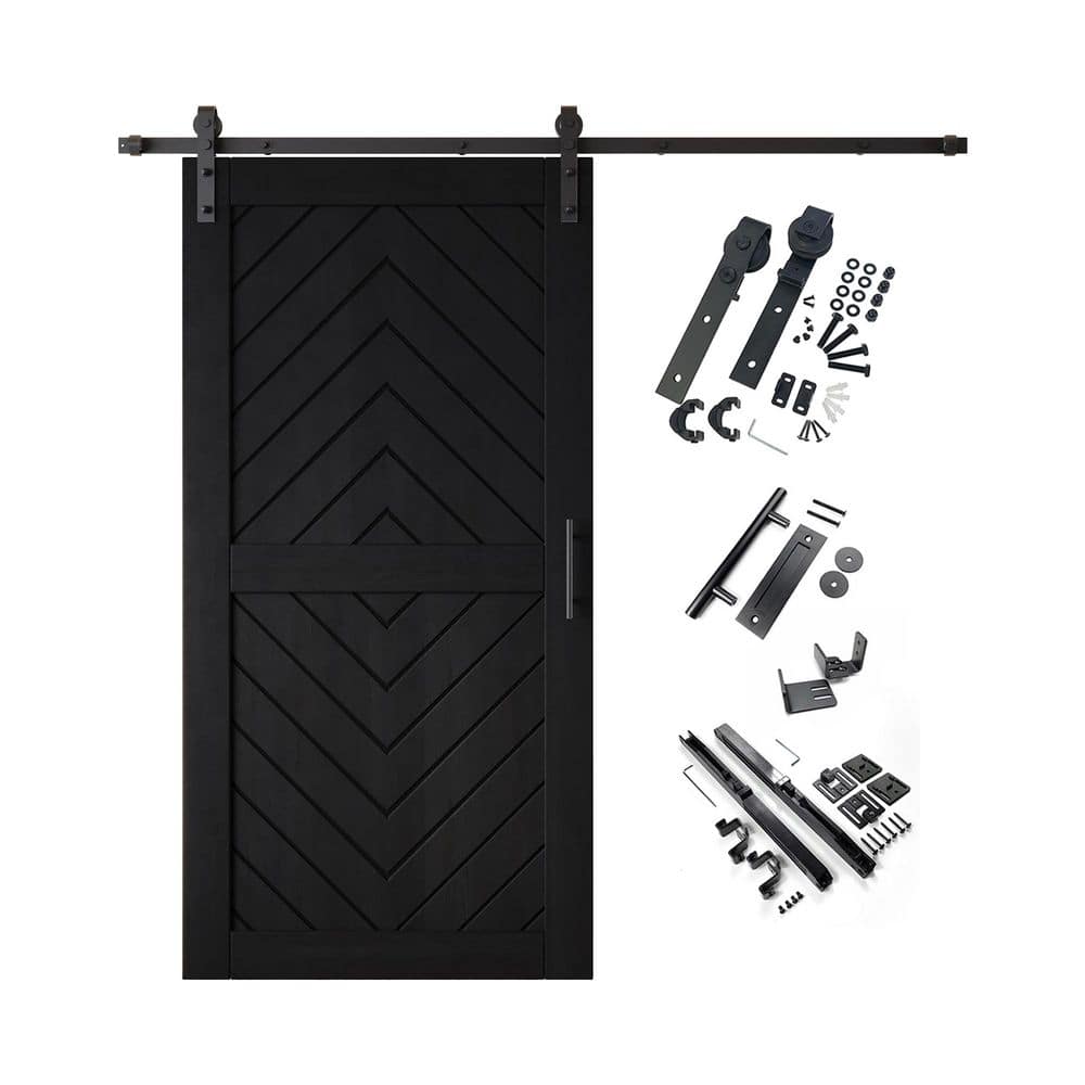 JT2 40 in. x 80 in. C-Panel Black Fishbone Design Solid Pine Wood Sliding Barn Door with Hardware Kit price history on PriceWatchPro