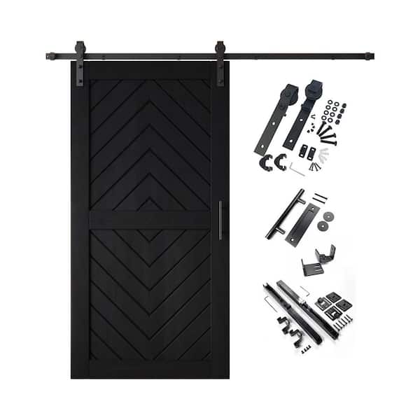 JT2 40 in. x 80 in. C-Panel Black Fishbone Design Solid Pine Wood Sliding Barn Door with Hardware Kit