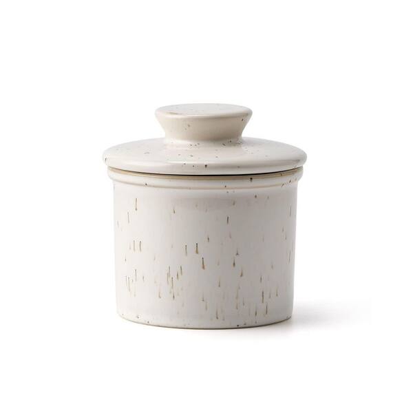 Reactive Glaze Speckled White Ceramic Butter Crock with Water Line and Lid for Fresh Spreadable Butter