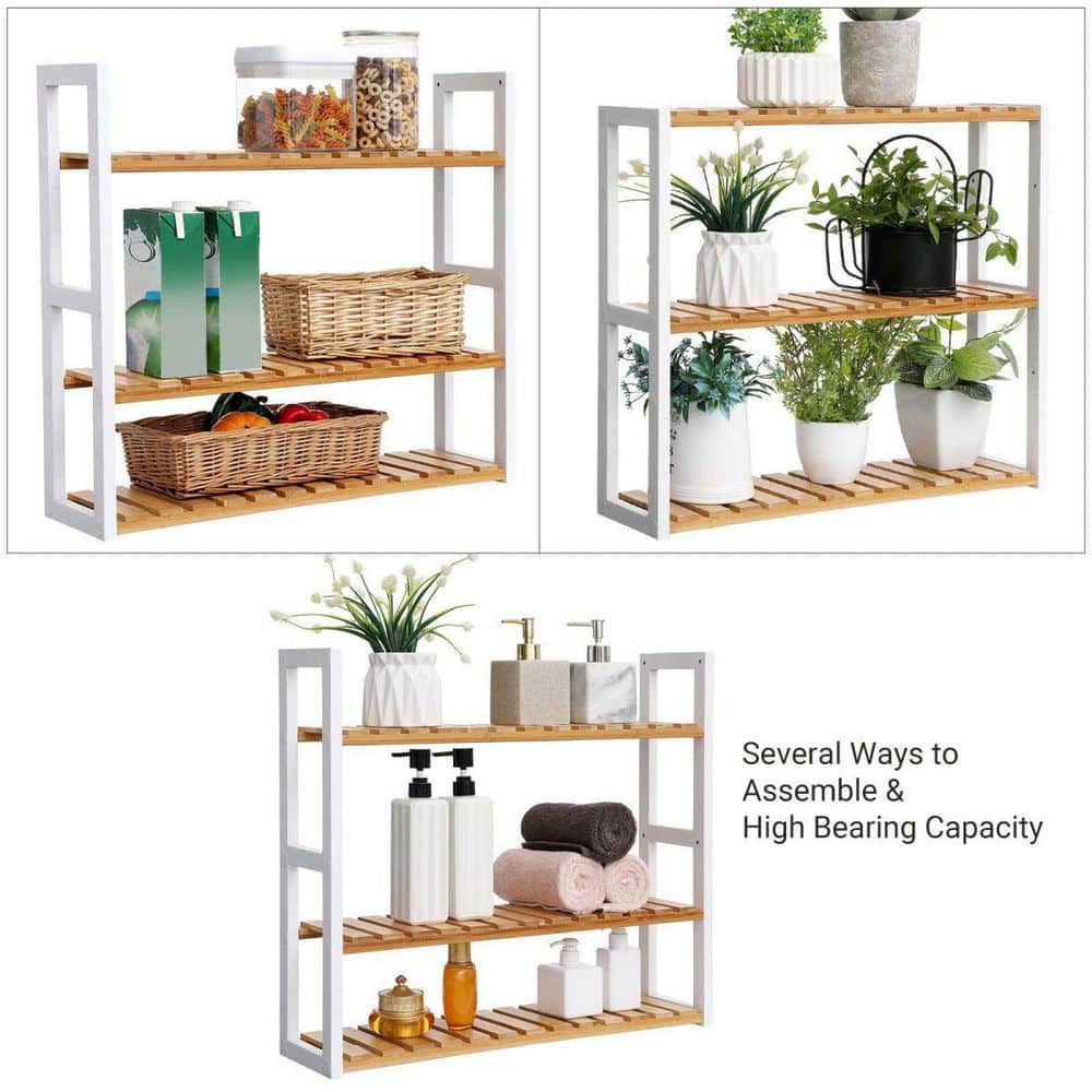Natural Bamboo and White Adjustable 3-Tier Utility Shelf