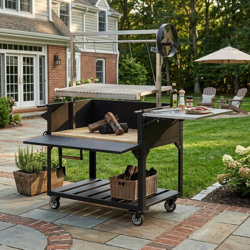 Large Charcoal Grill in Black with Height-Adjustable 304 Stainless Steel Rack Firebricks and Foldable Side Prep Table