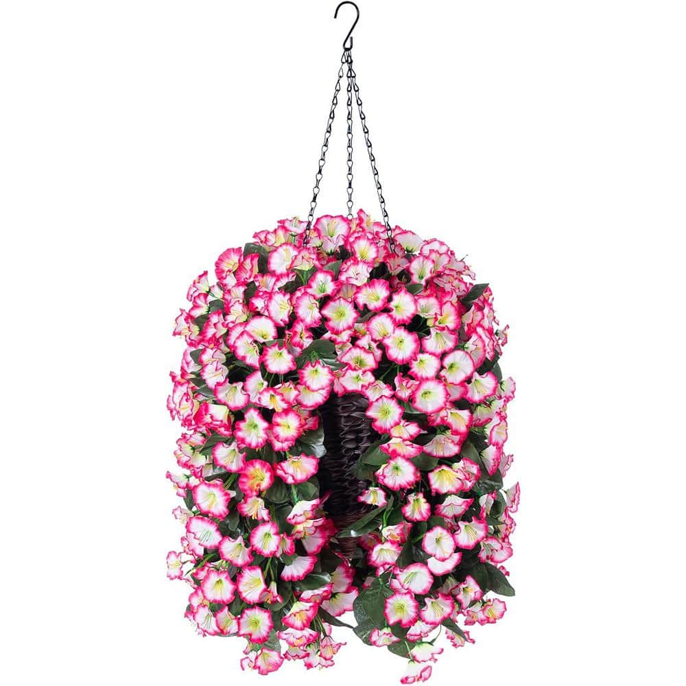 19.7 in. Pink Outdoor Artificial Flowers Violet in Brown Hanging Basket