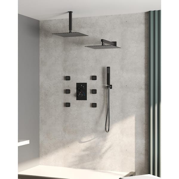 EVERSTEIN Luxury 15-Spray Wall and Ceiling Mount Triple Fixed and Handheld Dual Shower Head 2.5 GPM with 6-Jets in Matte Black