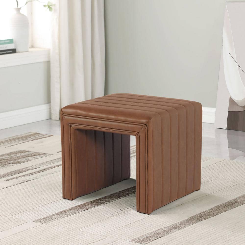 Carmel Faux Leather Tufted Ottoman with Channeling Detail