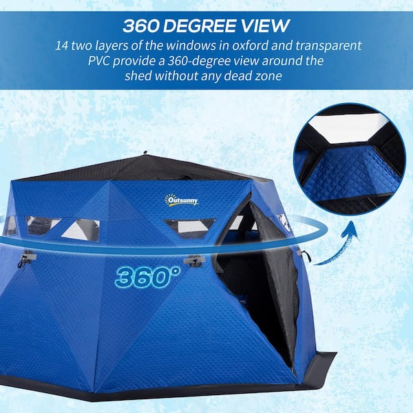 Ice Fishing Shelter 3-4 Person, Portable Insulated Ice Fishing Tent with  Stove Jack, Ice Fishing Shanty Waterproof 600D Insulated Layer 2 Doors 2
