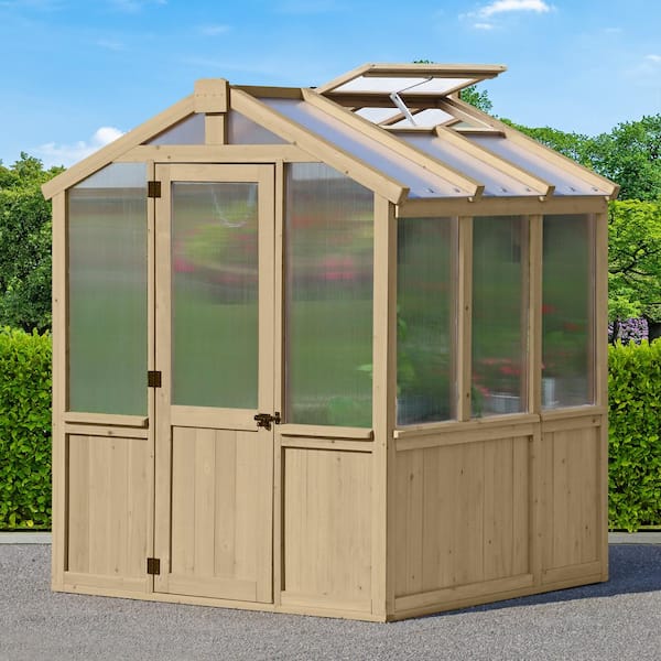 Yardistry Meridian 6.7 ft. x 6 ft. Garden Plant Greenhouse with Double-Wall Poly Windows, Automatic Roof Vent and Air Flow Base