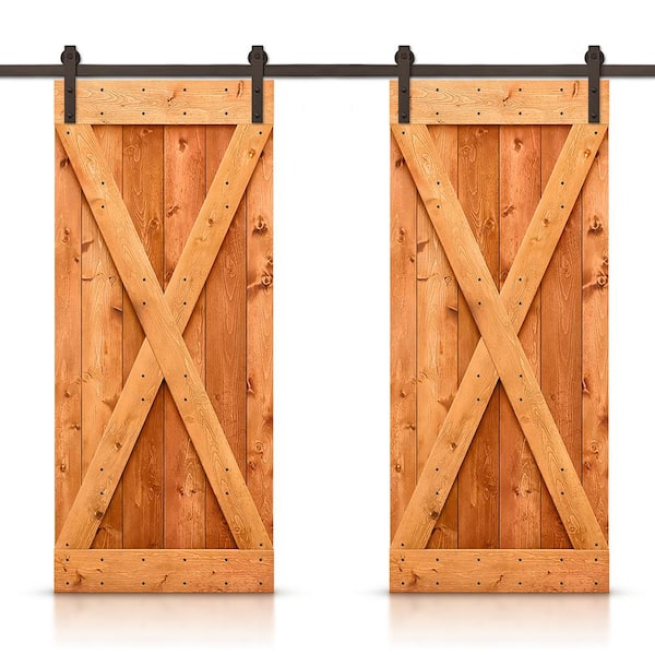 CALHOME 84 in. x 84 in. X Series Red Walnut Stained Solid Knotty Pine Wood Interior Double Sliding Barn Door with Hardware Kit