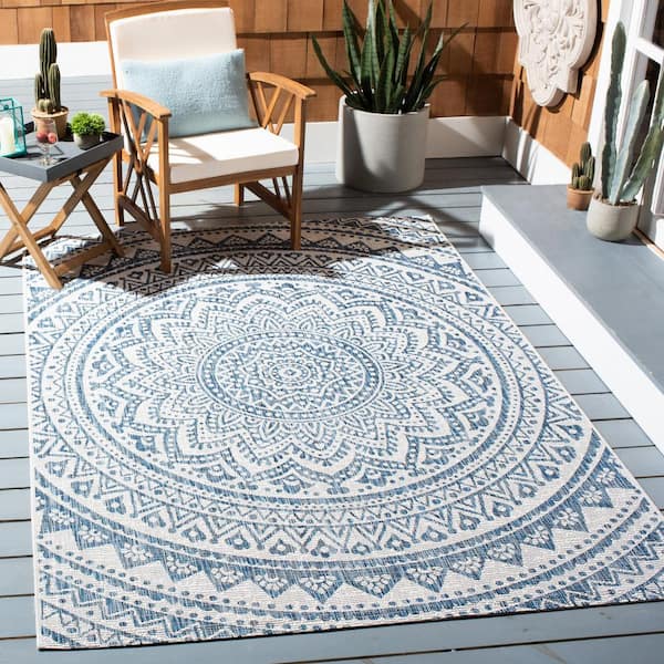 Courtyard Ivory/Navy 8 ft. x 8 ft. Medallion Indoor/Outdoor Square Area Rug