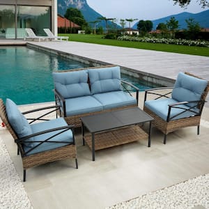 4 Piece Wicker Outdoor Dining Conversation Sofa Set, Dining Sofa Set with Blue Cushions