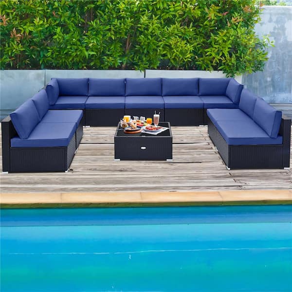 10-Piece Metal Wicker Outdoor Sectional Set with Navy Cushions Outdoor Wicker Sofa Table