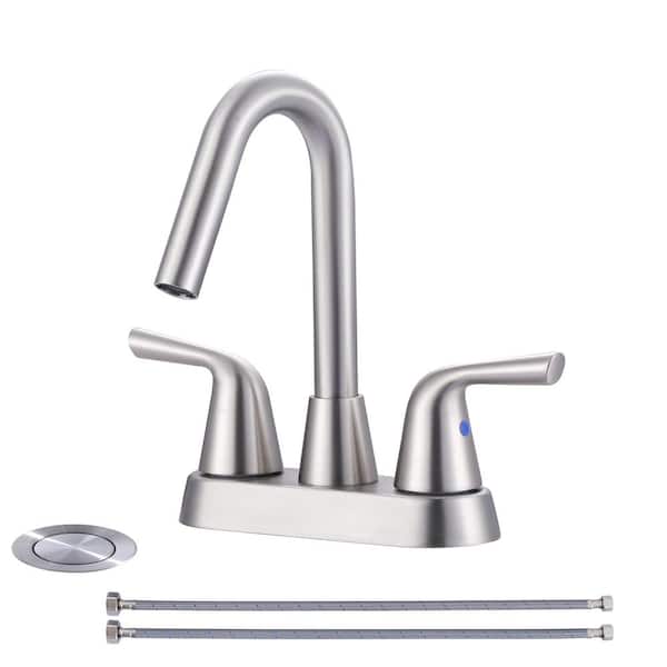 WOWOW 4 in. Centerset Double Handle High Arc Bathroom Faucet with Drain Kit Included in Brushed Nickel