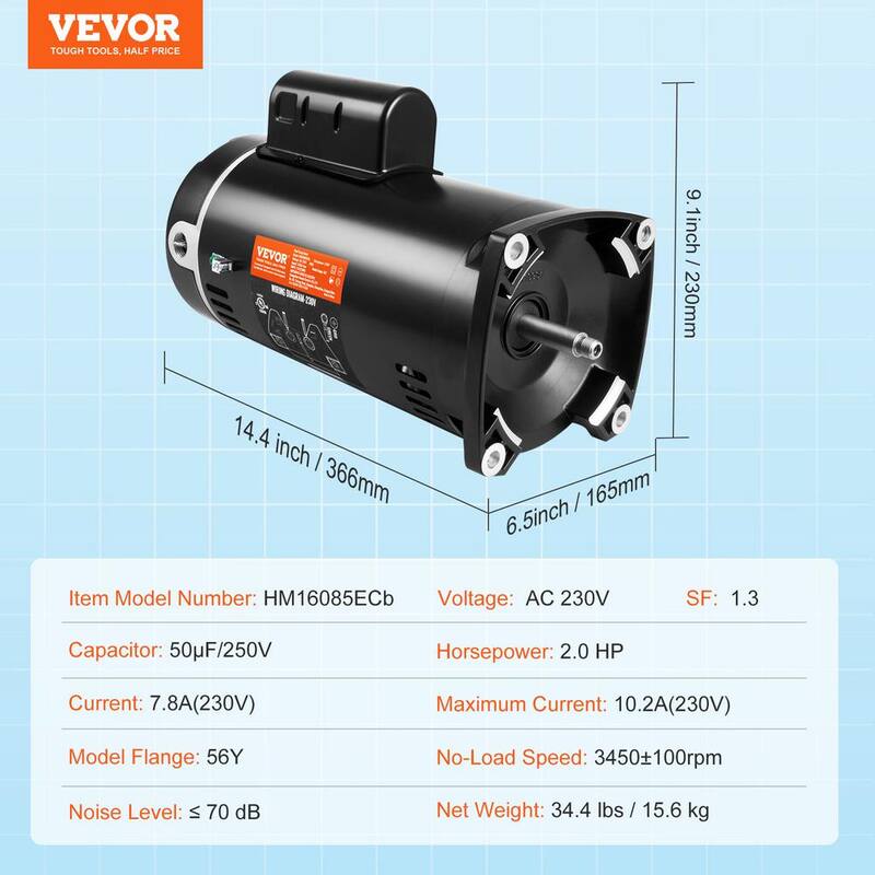 2 HP Replacement Pool Pump Motor 56Y Frame 230-Volt 3450 RPM 60Hz 1.3 SF 50μF/250V Capacitor, CCW Rotation Square Flange