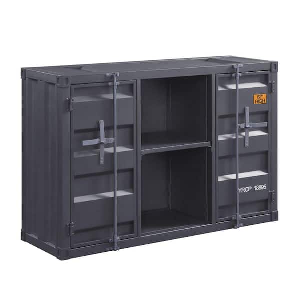 Benjara Industrial Gray Metal Buffet Server with 2-Door Cabinet and 2-Open Shelves