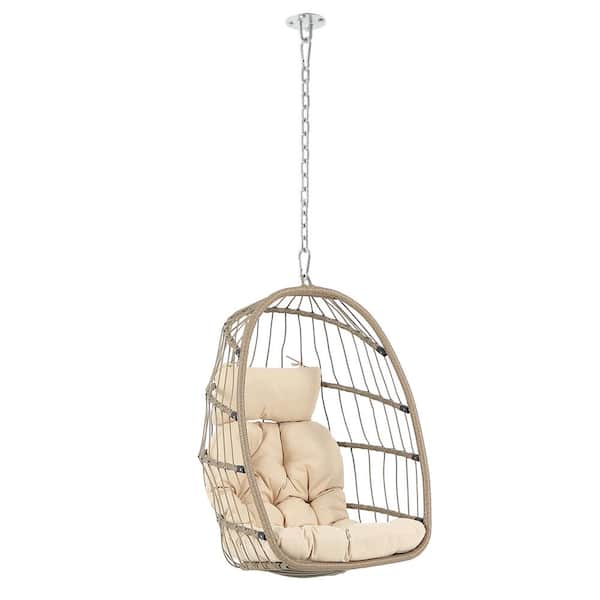 Freestyle Wicker Patio Porch Swing Hanging Egg Chair with Beige Cushion