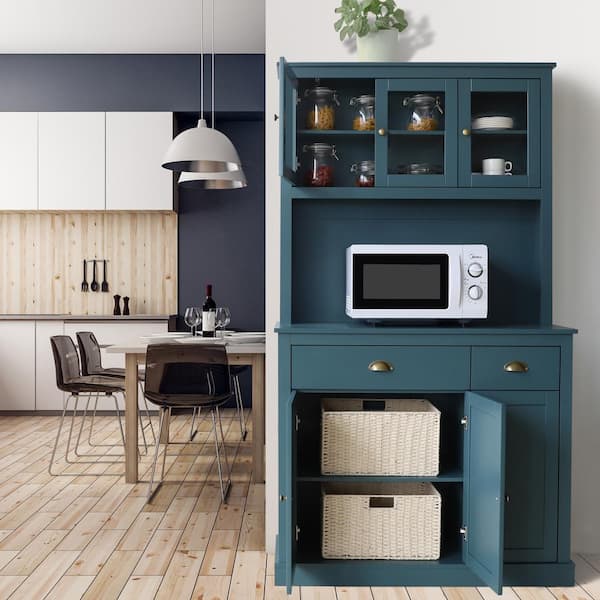 VEIKOUS Blue Wood 39.3 in. W Kitchen Pantry Cabinet Storage with Buffet Cupboard, Microwave Stand and Adjustable Shelves