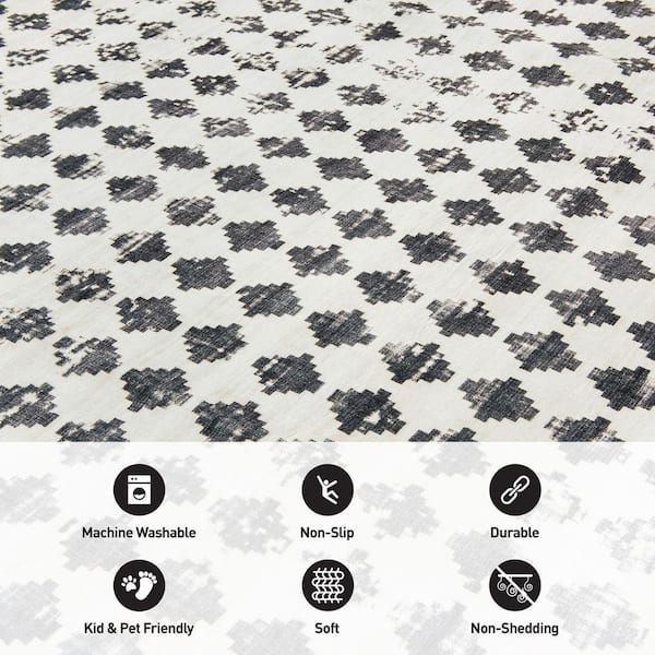 Geometric Distressed Abstract Washable Non Slip Ivory 5 ft.  x 7 ft.  Area Rug