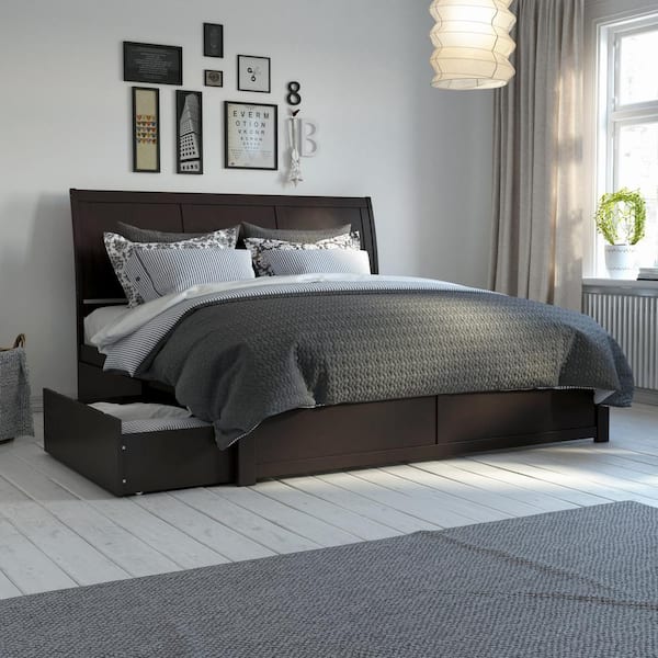 Portland Espresso Black Solid Wood Frame King Platform Bed with Footboard and Storage Drawers