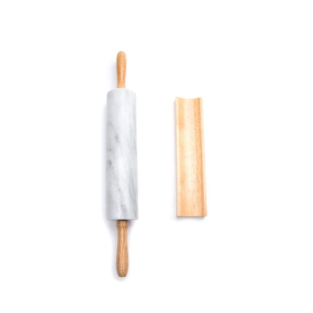 White Marble Rolling Pin with Wooden Handles and Base