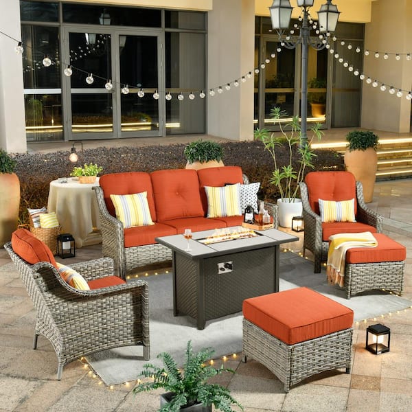 Toject Eureka 6-piece Modern Wicker Outdoor Patio Conversation Sofa Seating Set with Metal Fire Pit and Red Cushions