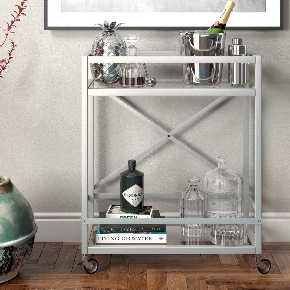 Contemporary Silver 2-Tier Bar Cart with Glass Shelves and Metal Frame