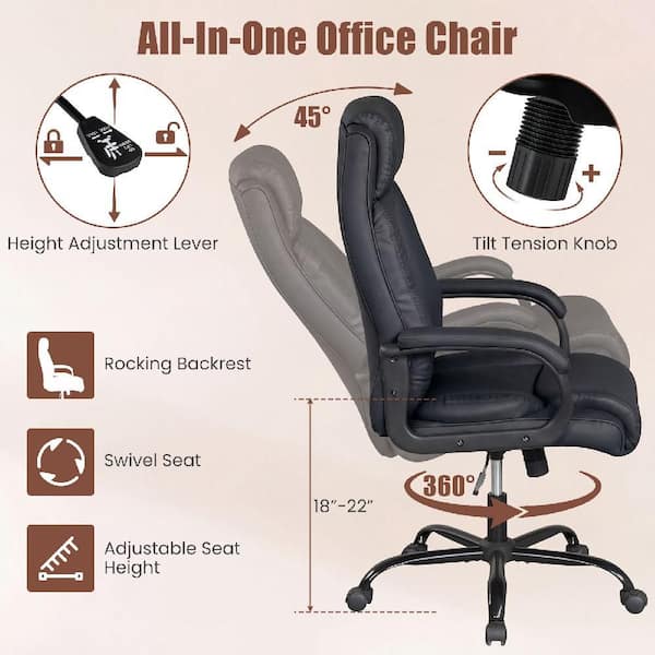 Black 400 lbs. Big and Tall Leather Office Chair Adjustable High Back Task Chair