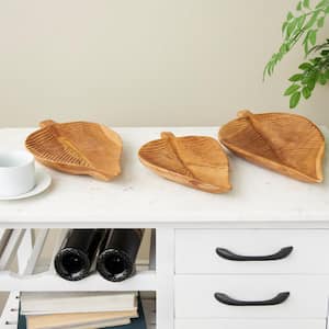 Brown Handmade Teak Wood Carved Texture Leaf Decorative Tray Set of 3